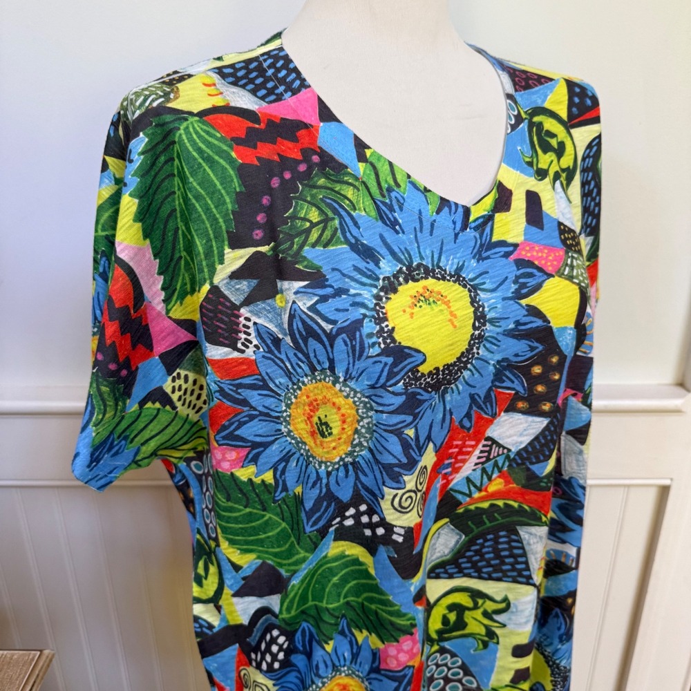 Jess & Jane Womens XL Abstract Floral Sunflower Slub Knit V-Neck Top Made in USA - Picture 2 of 7